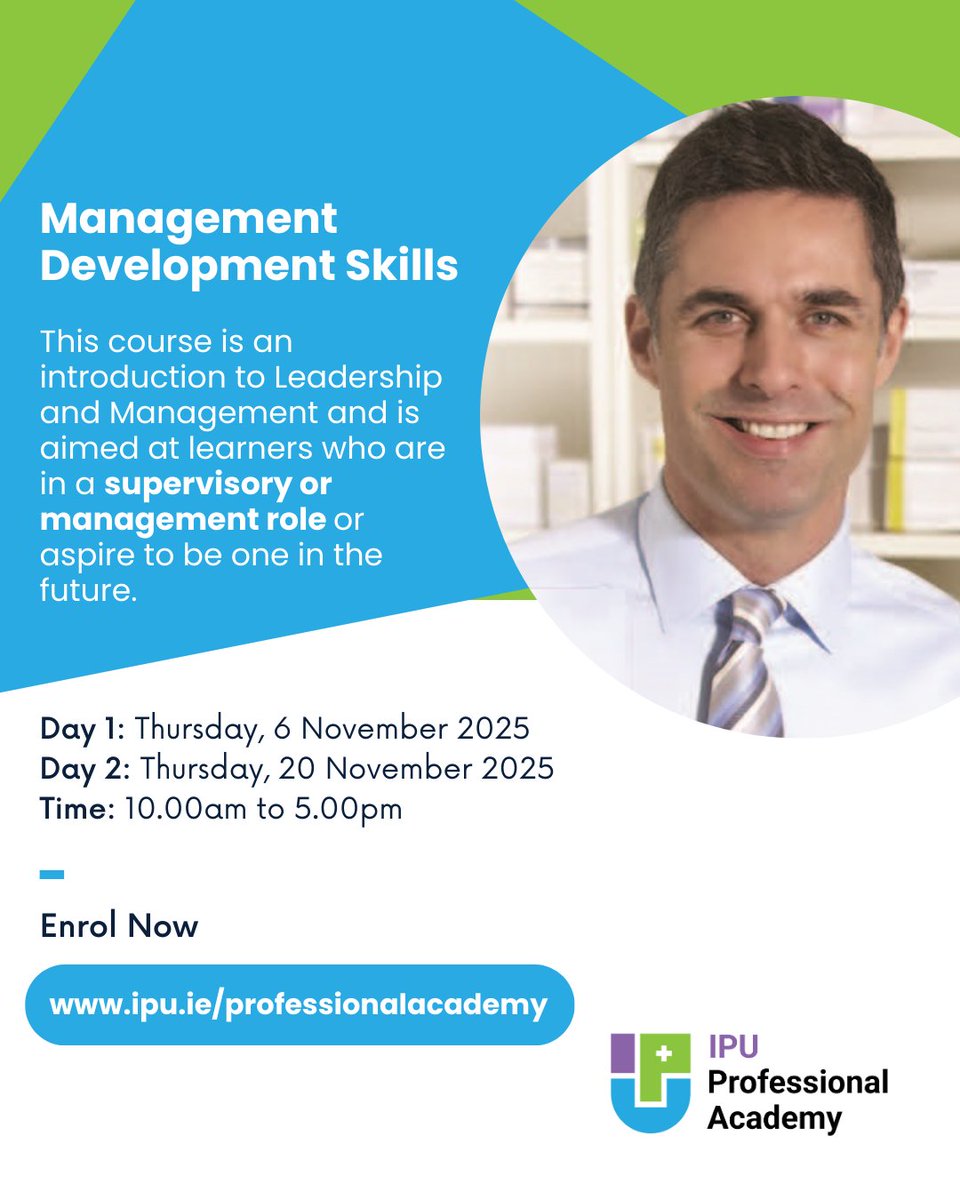IrishPharmacy's tweet image. Looking to enhance your leadership and management skills in pharmacy?

✏️Enrol now in the IPU Management Development Skills Course.
✅ Two-day course
📅6 &amp;amp; 20 November
🖥️Online Workshop
Enrol now ➡️ipu.ie/professionalac…

#IPUProfessionalAcademy #LeadershipCourse #ThinkPharmacy