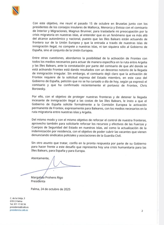 La Presidenta <a href="/MargaProhens/">Marga Prohens</a> ha enviado hoy una carta al Presidente Sánchez solicitando:

✔️ Frontex

✔️ Refuerzo de las Fuerzas y Cuerpos de Seguridad 

✔️ Insularidad Digna  <a href="/InsularidadD/">InsularidadDigna. 🇺🇦</a>

Esperamos que la respuesta sea positiva