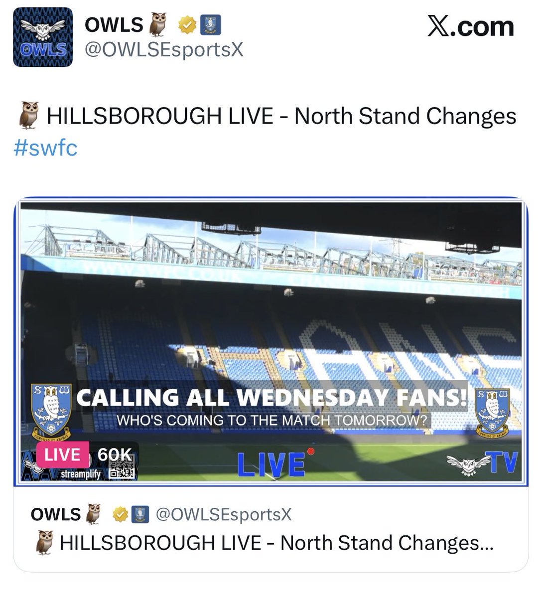 60,000 people currently watching a live stream of his name being removed from the North Stand 😂😂👊