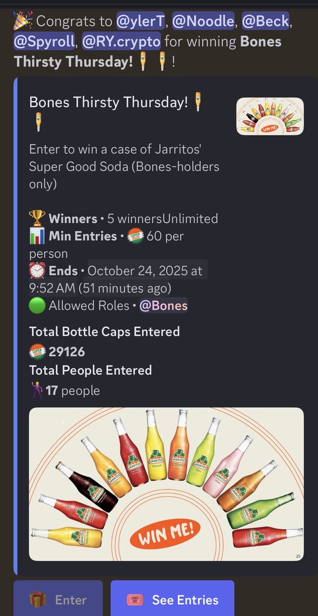 TheAdamReiss's tweet image. Yoooo!!! Thanks @Jarritos Bones Familia for a #ThirstyThurday W with some #SuperGood Soda!   And look - 5 people won and only 17 entered. You have a 30% chance by joining and being a part of the community. Trust me, it’s the best online community ever!

discord.gg/jarritos
