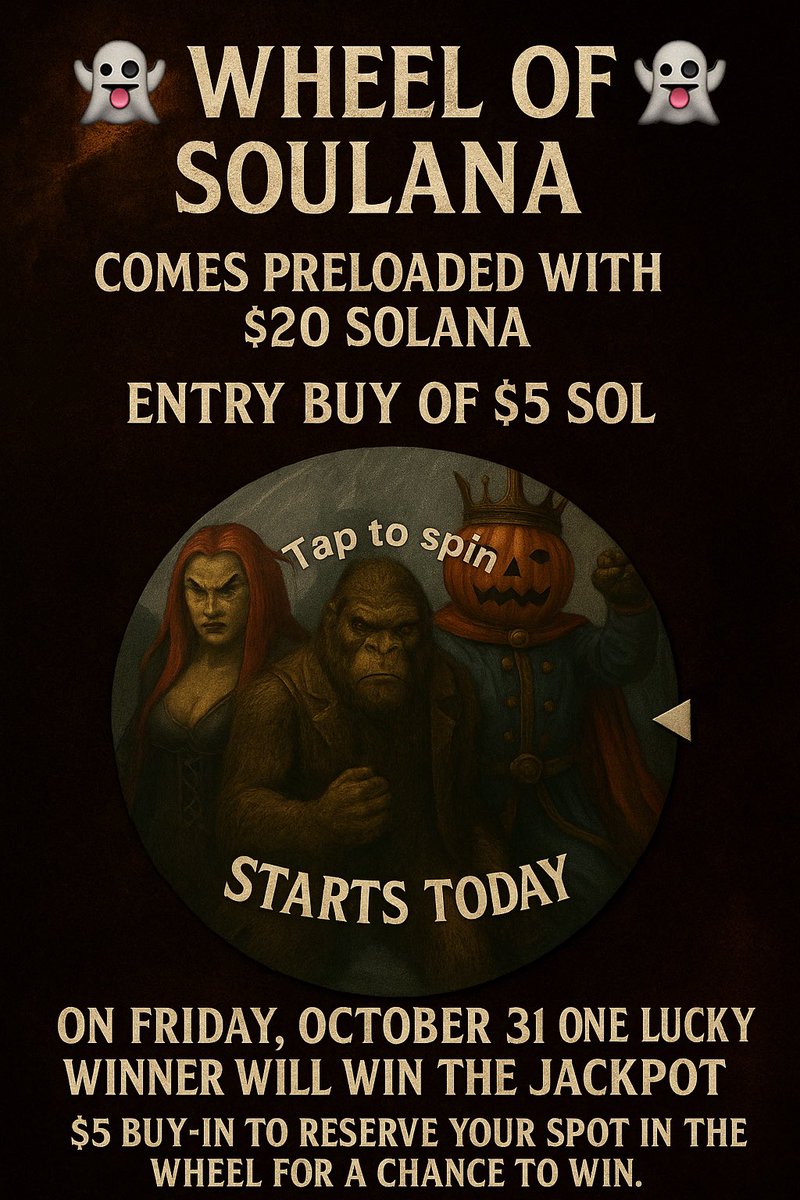 Blizzoween's tweet photo. 👻 WHEEL OF SOULANA IS LIVE! 👻
Welcome to the CRYPTOWEEN x BLIZZOWEEN Online Halloween Bash!
The wheel comes preloaded with $20 SOLANA 💎

💀 Entry Buy-In: $5 SOL — and here’s the twist…
👉 Every buy-in gets added to the wheel wallet, making the jackpot grow bigger with every name added. 

🎯 Starts Today!

🕸️ Friday, October 31st — wheel will be spinned live on TikTok one lucky winner will take it all!

🔥 Reserve your spot now, get your name on the wheel, and claim your chance to win the ultimate Halloween jackpot!