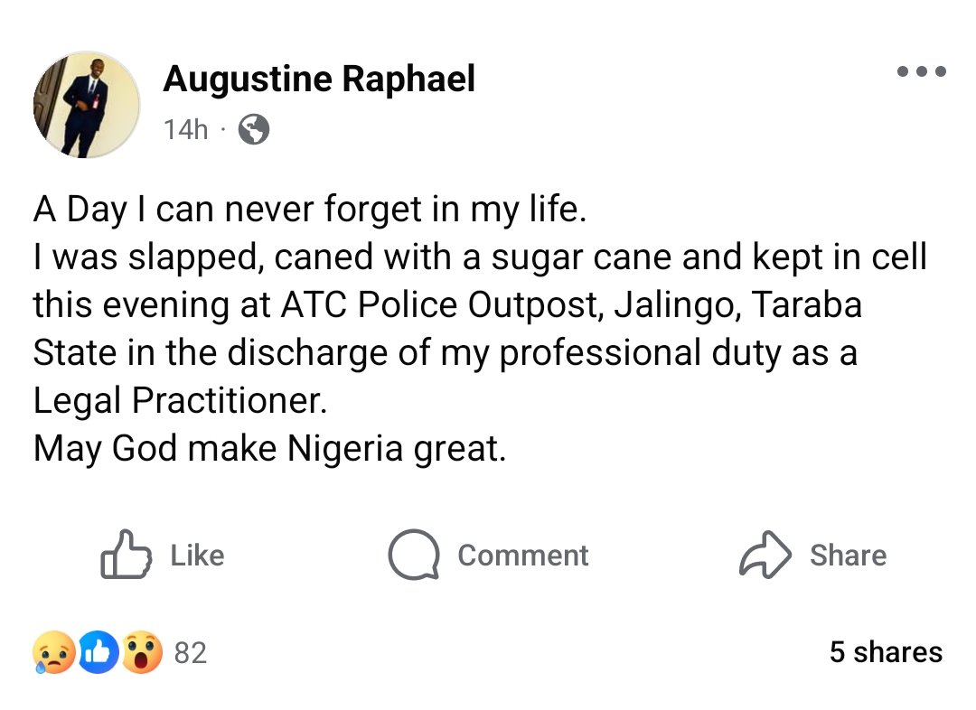 UkomahM's tweet photo. OCTOBER 24, 2025
FOR IMMEDIATE RELEASE

BRUTALITY OF A LEGAL PRACTITIONER IN JALINGO, TARABA STATE

The inhumane treatment meted out to Augustine Raphael, Esq., a legal practitioner based in Jalingo, Taraba State, by officers of the ATC Police Outpost, is a shameful affront to the sanctity of the legal profession, the rule of law, and the dignity of humanity itself.

It is utterly outrageous, barbaric, and intolerable that a lawyer, in the lawful discharge of his professional duty, could be slapped, caned with a sugarcane, and unlawfully detained by those constitutionally empowered to uphold the law. This incident not only assaults Mr. Raphael's person but also represents an attack on the legal profession and the administration of justice in Nigeria.

I therefore condemn in the strongest possible terms this unprofessional, unconstitutional, and criminal act by officers of the Nigerian Police Force in Jalingo. Such conduct is a disgrace to the uniform and a clear breach of Section 34, 35 of the Constitution of the Federal Republic of Nigeria, 1999.

I call on the Nigerian Bar Association (NBA) Jalingo Branch, the Afam Osigwe, SAN led NBA National Leadership, the NBA Section on Public Interest and Development Law (SPIDEL), to rise to the occasion and take immediate, decisive steps to ensure that this matter does not go unpunished.

The Inspector General of Police and the Taraba State Police Command must launch a full-scale investigation into this act of brutality, identify and discipline the offending officers, and issue a formal apology to Mr. Raphael and the legal community at large.

The Bar must send a strong message that an injury to one lawyer is an injury to all, and that no lawyer, anywhere in Nigeria, shall be assaulted, humiliated, or intimidated while carrying out his or her lawful duties. The NBA Must lead the charge to ensure that this shameful incident does not become another statistic in the long list of police impunity. #JusticeForRaphael

Sgn. 
UC Maxwell

@afamosigwe @nba_spidel @PoliceNG @BenHundeyin @PSCNigeria @MuyiwaAkinboro @MrsBBold @AbdulMahmud01 @InibeheEffiong @Nigerialawyers