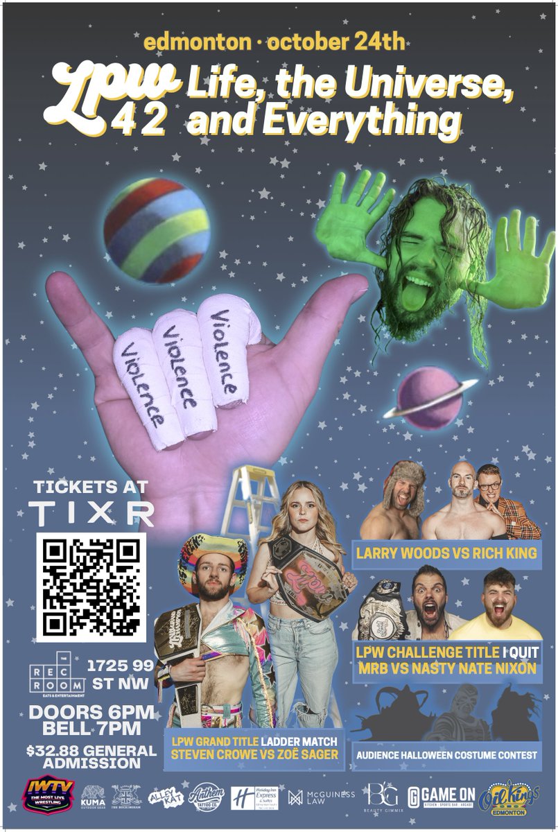 LoveWrestlingCA's tweet image. TONIGHT! EDMONTON!

Happy anniversary, Love Pro Wrestling! Join us tonight at the Rec Room South Edmonton for LPW 42: LIFE, THE UNIVERSE, AND EVERYTHING!

Doors: 6:00 PM ⎸ Bell: 7:00 PM ⎸ Limited Tickets Available!

🎟️: tixr.com/e/156805