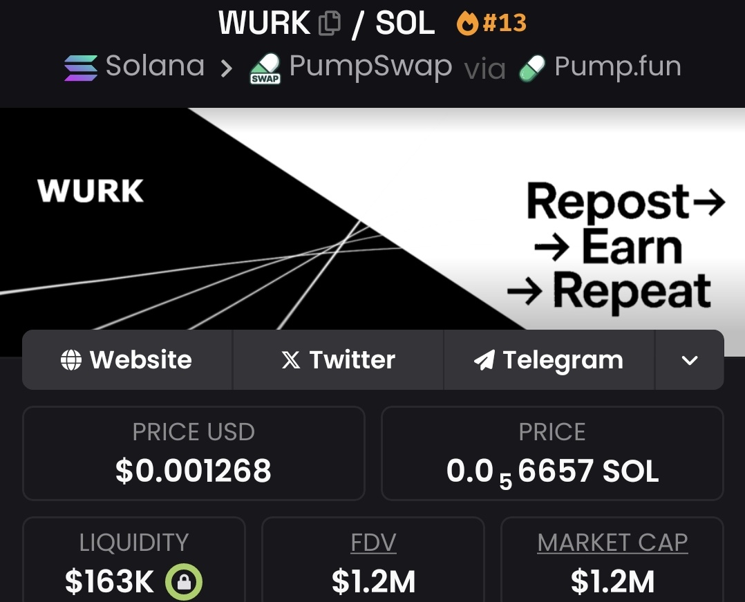 Icalled $WURK at $37k Mc now pumping 🚀 pass $1.2m Mc - 32.43x profits 📈 bagged 💰 on my private telegram channel 
Either you ape with me or you watch others eat big without you 

SEND ME A DIRECT MESSAGE TO JOIN ALPHA TG NOW