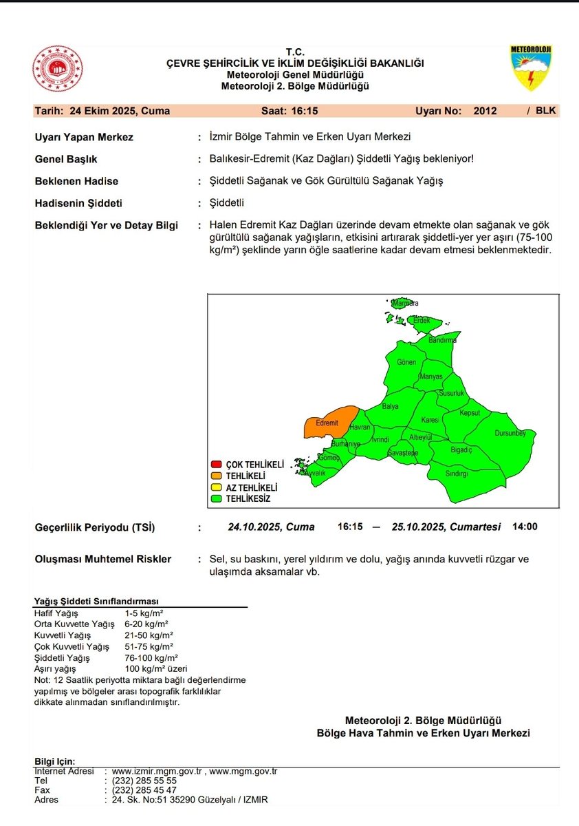 📣📣Meteorolojik Uyarı
"Kaz Dağları üzerinde* beklenen *şiddetli ve yer yer aşırı yağışa* ilişkin yayımlanmış olan meteorolojik uyarıdır. *(Geçerlilik Periyodu: 24/10/2025  16.15 -25/10/2025 14.00 TSİ)*