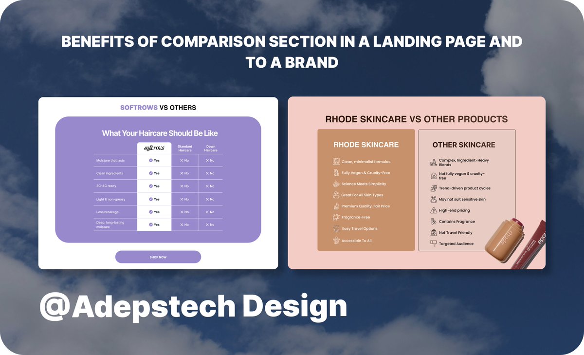 AdepsTech's tweet image. Ever wondered why top brands add a “comparison” section on their landing pages?

It’s not just design, it’s strategy.

✅ Builds trust
✅ Clarifies value
✅ Speeds up decisions
✅ Boosts conversions

Transparency sells.