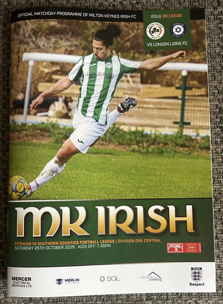 Programme for tomorrows game <a href="/MKIrishFC/">Milton Keynes Irish FC</a> vs <a href="/LondonLions_/">London Lions F.C.</a> ko 3pm <a href="/SouthernLeague1/">The Pitching In Southern Football League</a> <a href="/sportsshotsnews/">Sports Shots 📷🎥⚽🏏📰</a> <a href="/MatchdayPro/">Matchday Programmes - Design & Print Service</a> <a href="/NonLeaguePaper/">The Non-League Paper</a> <a href="/NonLeagueHQ1/">NonLeagueHQ</a> <a href="/mkfm/">MKFM 106.3</a>
