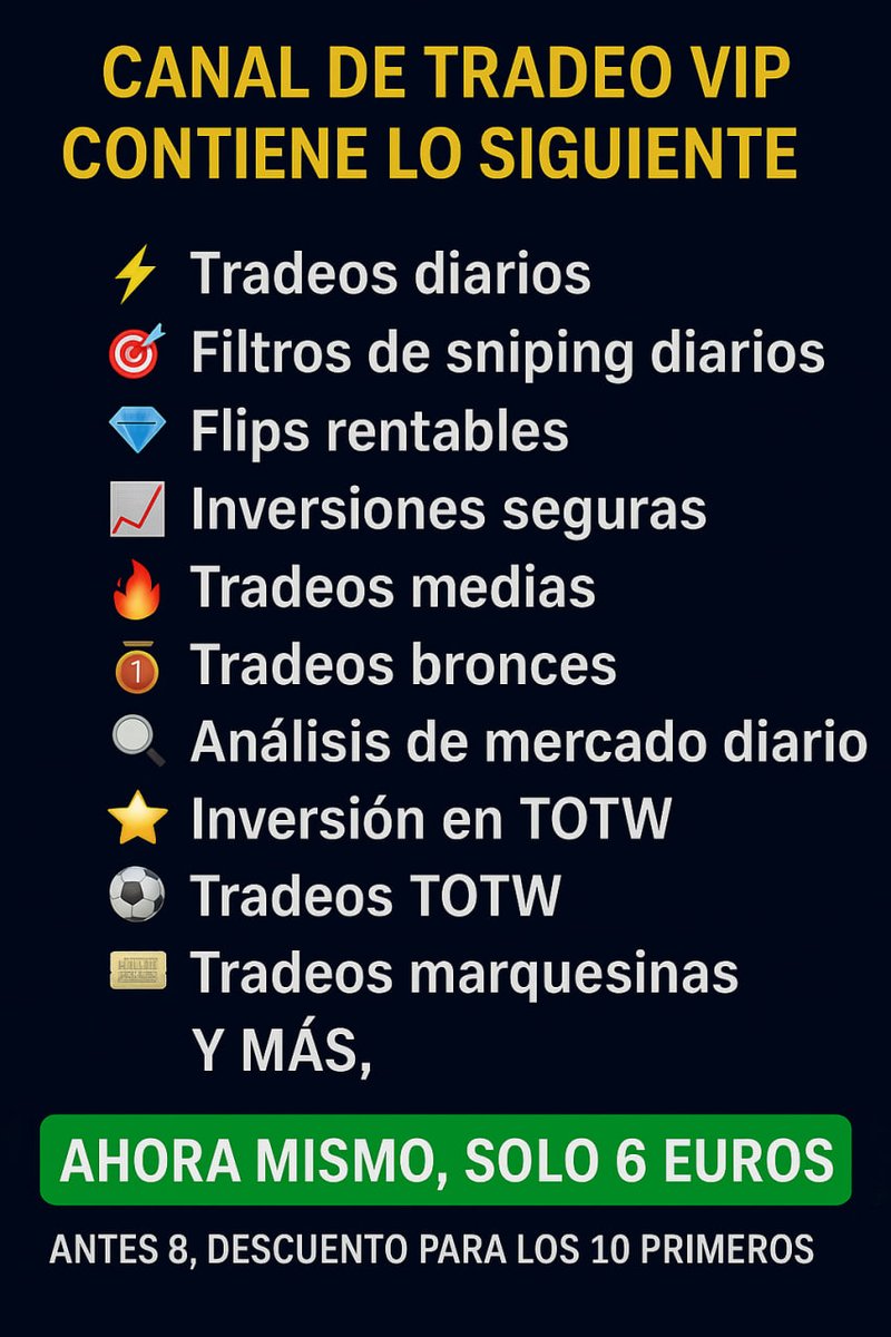 mlplus7yt's tweet image. 💸 ¡Muchas ganancias en el VIP de tradeos estos días!
Ya hay miembros con más de 1 millón de monedas 😱
🎯 Oferta especial: 6 € (antes 8 €)
⚡ ¡Corre que se acaban las plazas!
📩 Contáctame por MD
#FC26  #FUT26 #Tradeo