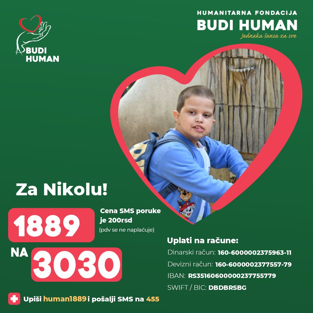 Pomozimo Nikoli!

Upišimo 1889 i pošaljimo SMS na 3030

budihuman.rs/korisnik/1889/…

#budihuman #jednakašansazasve #podeli #nikolaapostolović