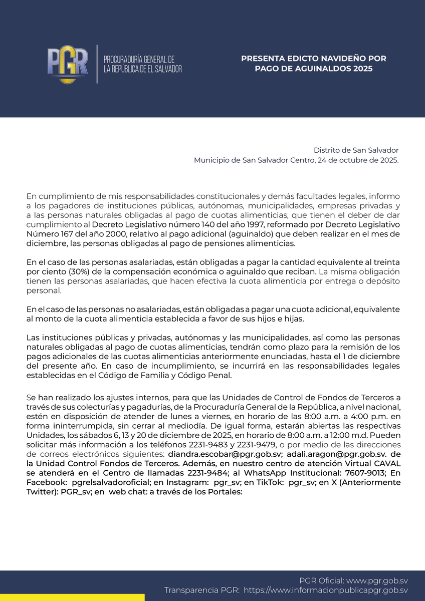 Bajo la nueva #ReformadeLey, la cual permite el pago anticipado del aguinaldo, se les informa a: instituciones públicas y privadas, autónomas y municipalidades, así como a todas las personas obligadas al pago de #CuotaAlimenticia, tomar en cuenta las siguientes disposiciones.
