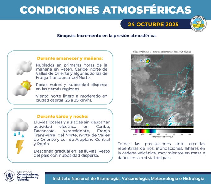Infographic titled Condiciones Atmosfericas for 24 Octubre 2025 with synopsis of pressure increase. Upper section shows first hours with light winds of 25 kmh in Franja Transversal del Norte and Caribe areas with icons of few clouds and dispersed cloudiness. Lower section details afternoon and evening with rains and electrical activity in Caribe Bocacosta suroriental Transversal del Norte Valles de Oriente and Altiplano Central with cloud rain and lightning icons. Color-coded map highlights regions in yellow green and blue indicating weather patterns. Bottom notes potential tomorrow risks like river swelling and floods in southern valleys. Logos of INSIVUMEH and government entities visible.