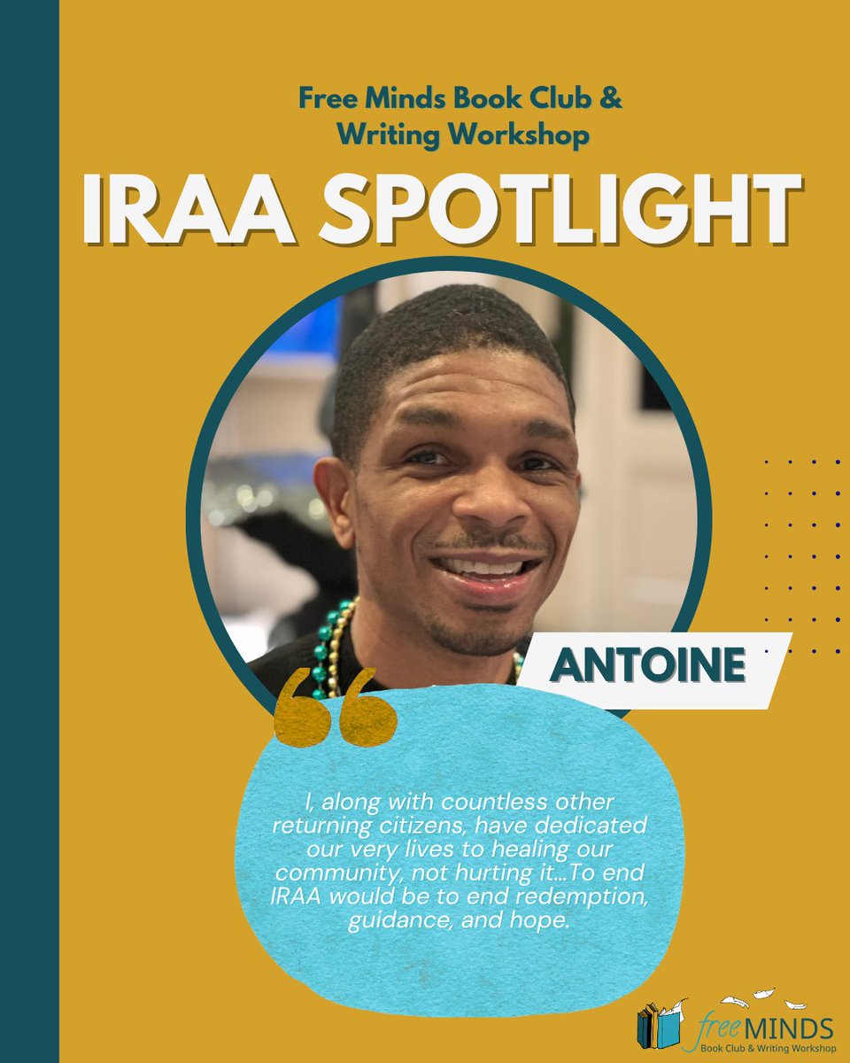 Free Minds member Antoine came home in 2023 under DC’s Incarceration Reduction Amendment Act (IRAA) after serving 22 years behind bars. He has since worked at a housing program supporting people in recovery and used the power of storytelling to promote hope and healing.