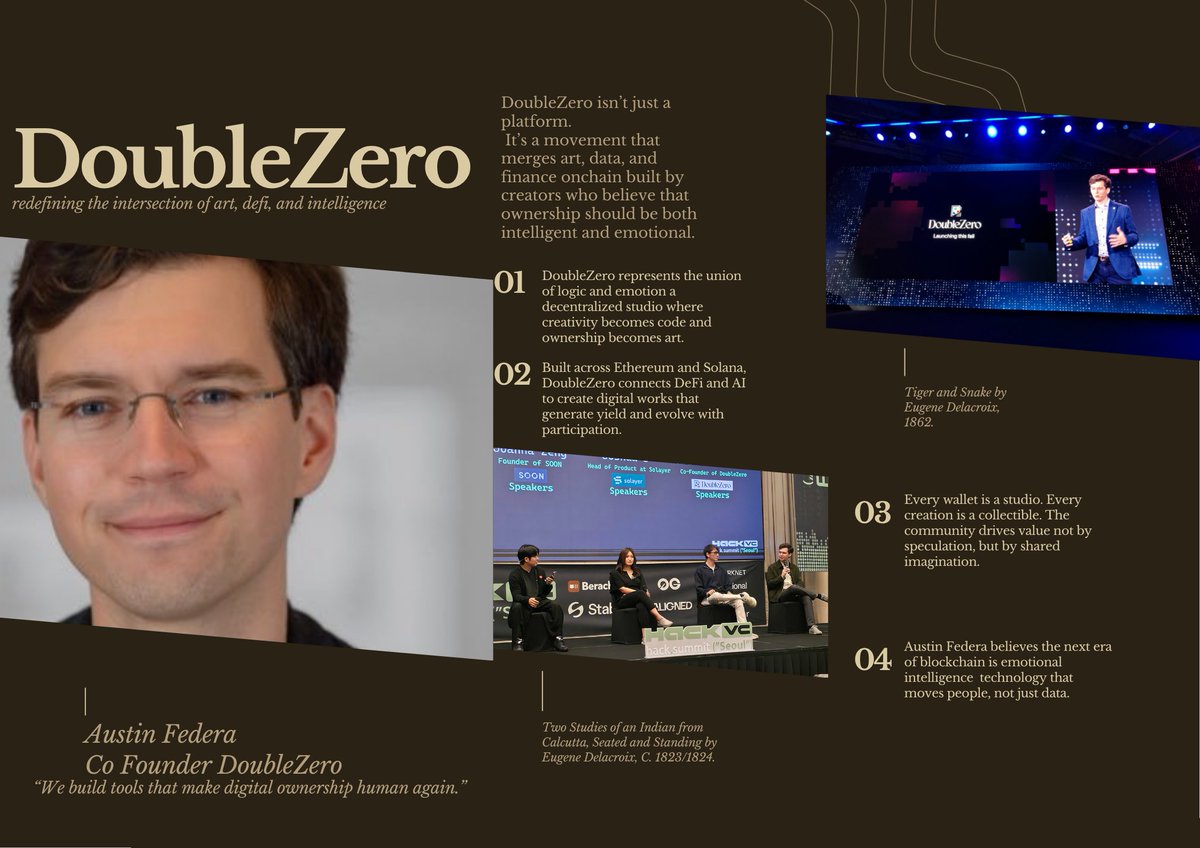 Infographic featuring Austin Federa and DoubleZero's vision at the intersection of art, DeFi, and intelligence