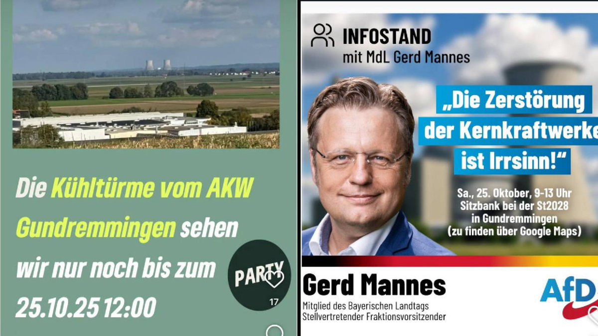 Ich berichte >MORGEN LIVE AB 11.30 UHR< von der AKW Kühlturmsprengung &amp; AfD Infostand in Gundremmingen 🧢

Hier geht´s zum Stream:
youtube.com/live/OrBhD6OtV…