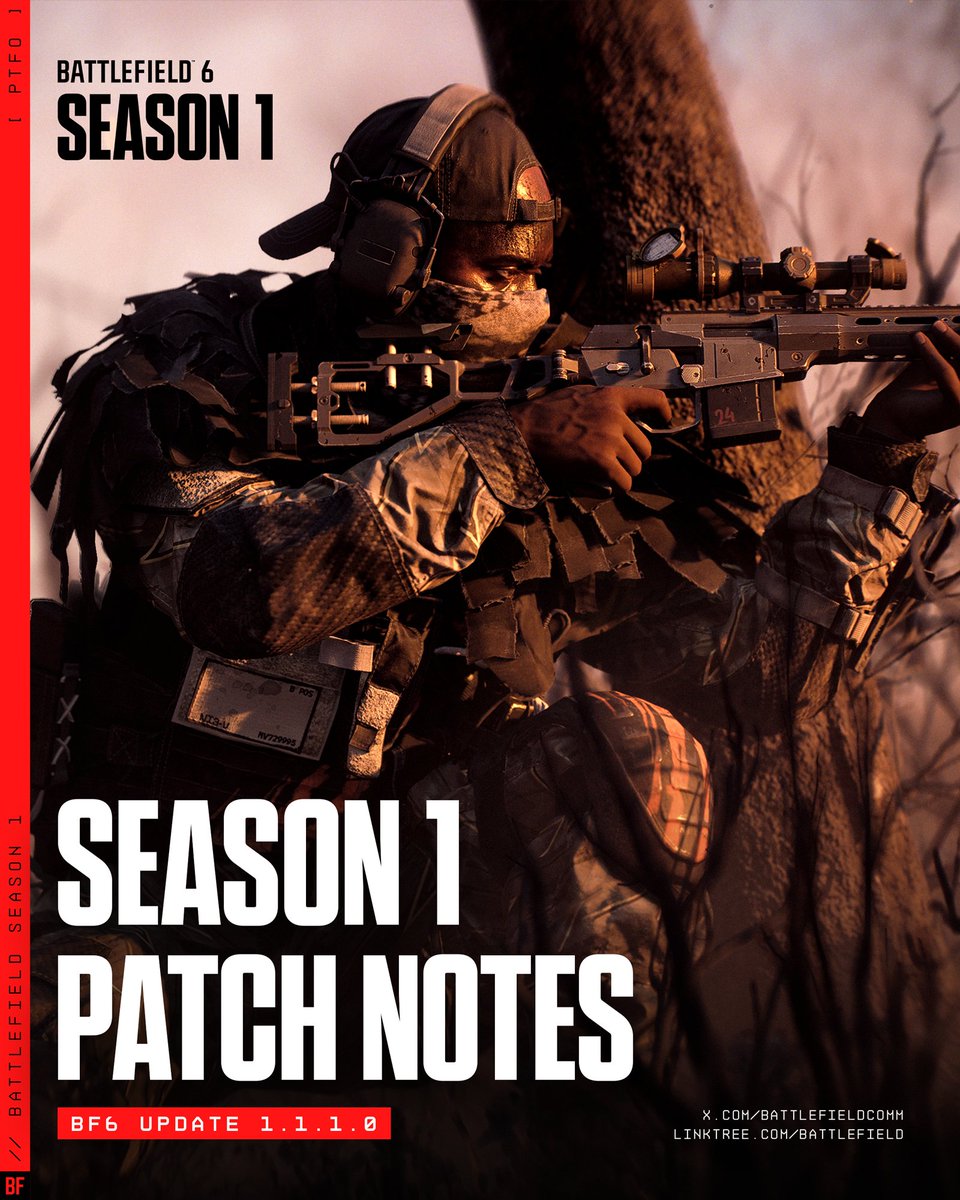 Battlefield's tweet image. Update 1.1.1.0 goes live Tue, Oct 28 for #Battlefield6 🚀

✅ Improved core movement and animations
✅ Reworked weapon dispersion to better align accuracy and handling over range
✅ Significant visibility and lighting improvements
✅ Audio overhaul
✅ UI/HUD updates
✅ Map fixes…