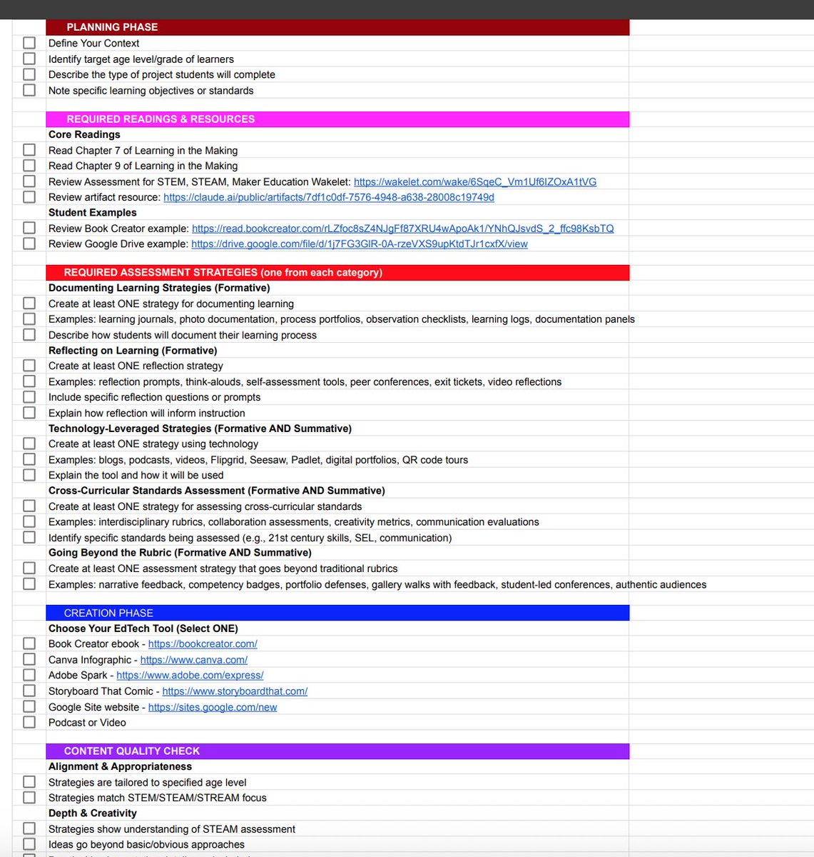 Really love using #AI to enhance my courses. For a few assignments in my graduate #STEM #STEAM course, I feed Claude assignment descriptions, details, + resources. It created some pretty cool checklists to guide students through the projects.