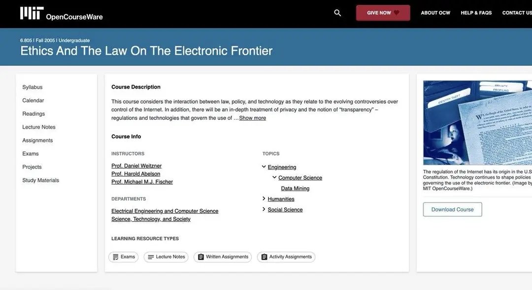amitcoder1's tweet image. 8 → Ethics and the Law on the Electronic Frontier
Privacy, surveillance, AI ethics — all in one place.
🔗 <a style="text-decoration: none;" rel="nofollow" target="_blank" href="https://ocw.mit.edu/courses/6-805-ethics-and-the-law-on-the-electronic-frontier-fall-2005/">ocw.mit.edu/courses/6-805-…</a>