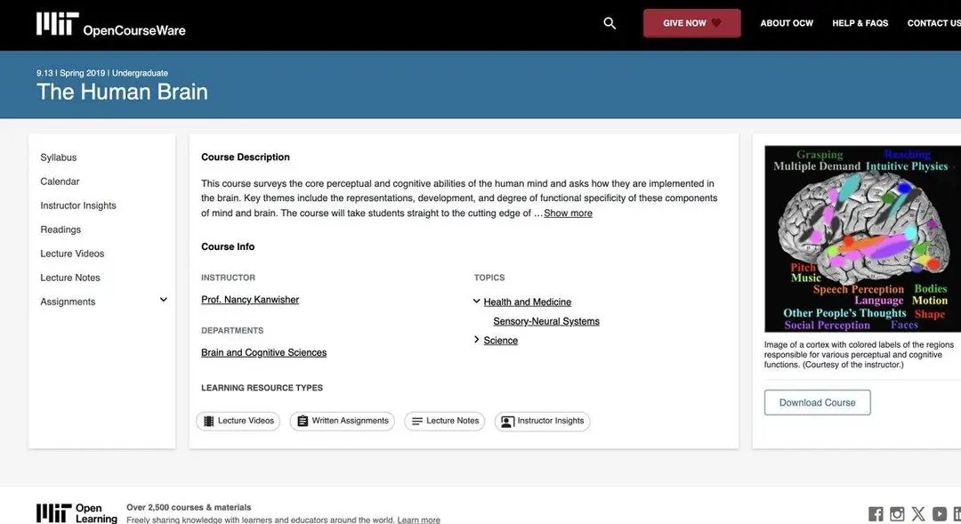 amitcoder1's tweet image. 9 → The Human Brain
Neuroscience meets cognitive science — with real brain science.
🔗 <a style="text-decoration: none;" rel="nofollow" target="_blank" href="https://ocw.mit.edu/courses/9-13-the-human-brain-spring-2019/">ocw.mit.edu/courses/9-13-t…</a>