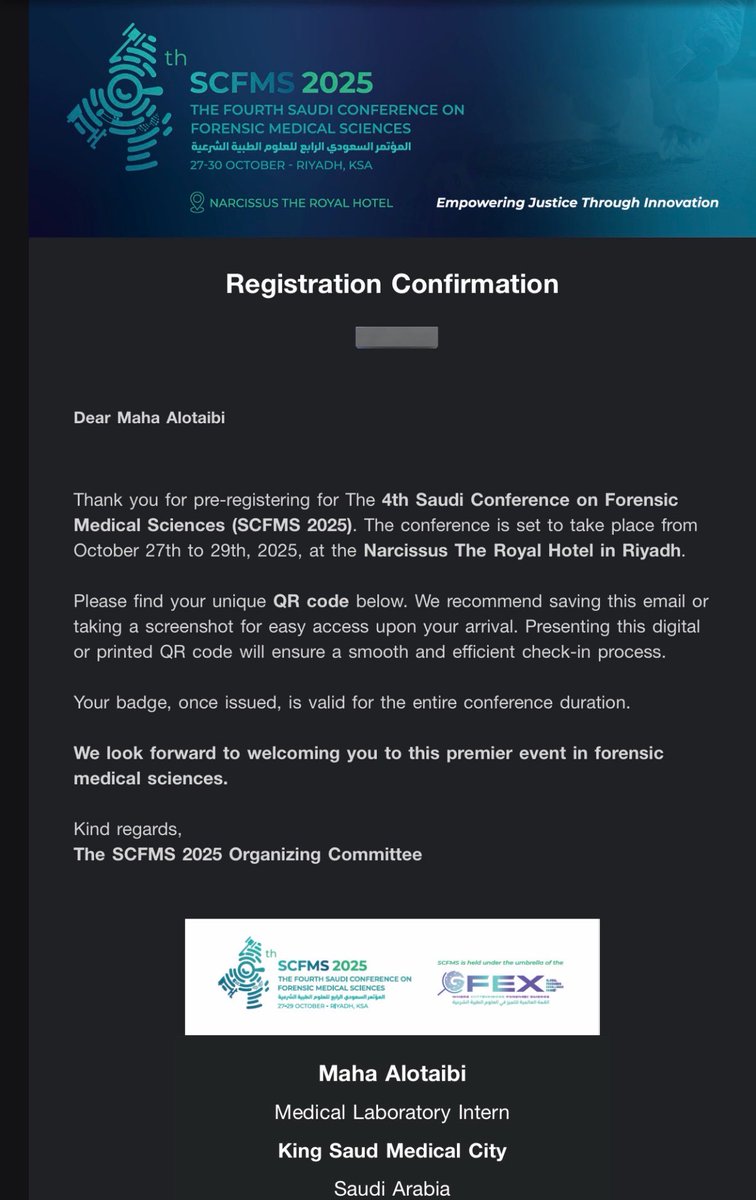 Honored to have my attendance confirmed for SCFMS 2025! 

Excited to gain new knowledge and explore the latest in forensic medicine &amp; toxicology 🧬🫆.

#SCFMS2025 #ForensicToxicology #ForensicScience
#المؤتمر_السعودي_الرابع_للعلوم_الطبية_الشرعية