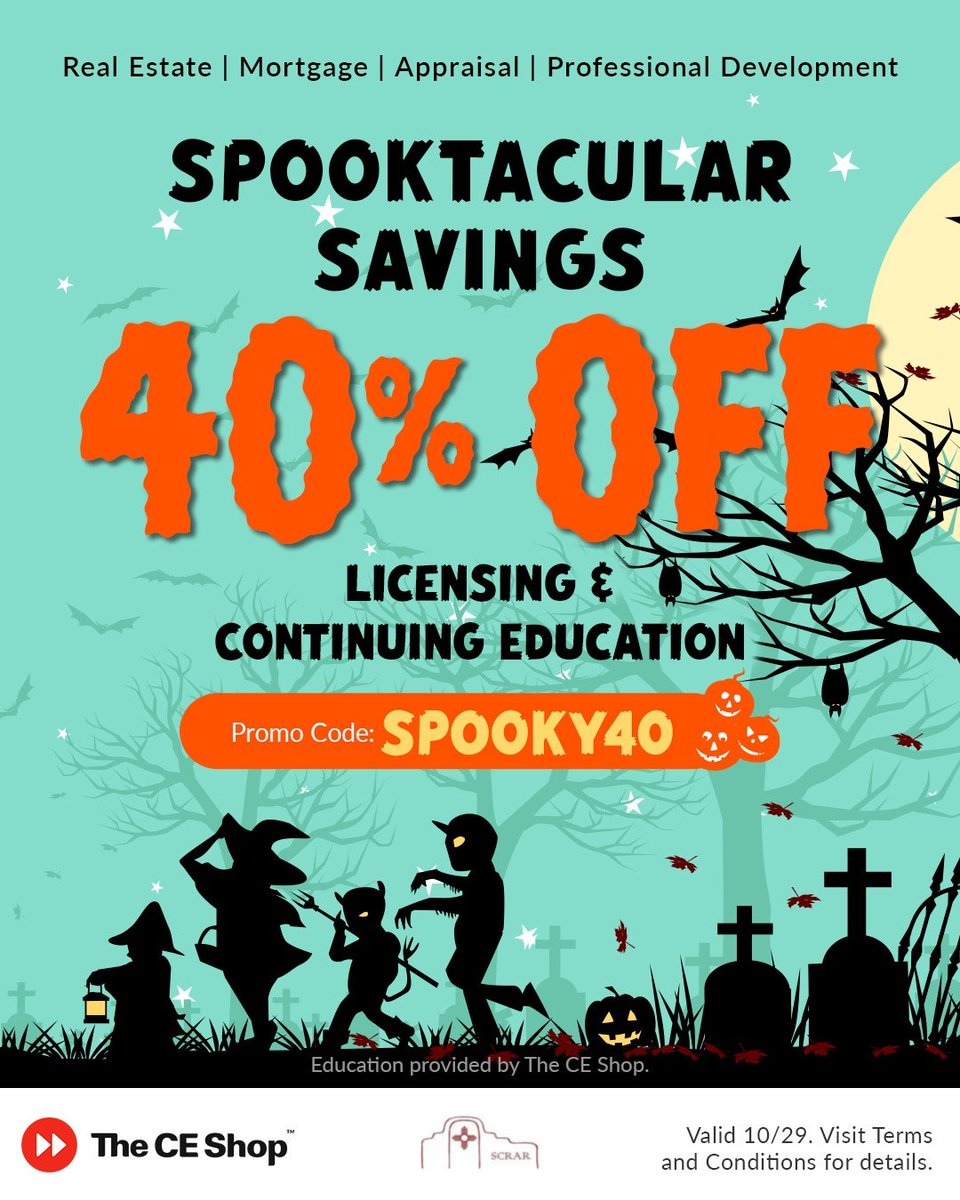SCRAssocRealtor's tweet photo. 🎃 Scare Up Some Savings!
 
Visit https://t.co/6CYH3lYXGd and use promo code SPOOKY40 to save 40% on Licensing &amp; Continuing Education. 🗓Valid today only (10/29/25) for Real Estate, Mortgage, Appraisal, and Professional Development courses. Invest in your success today! https://t.co/OdGlHKod2h
