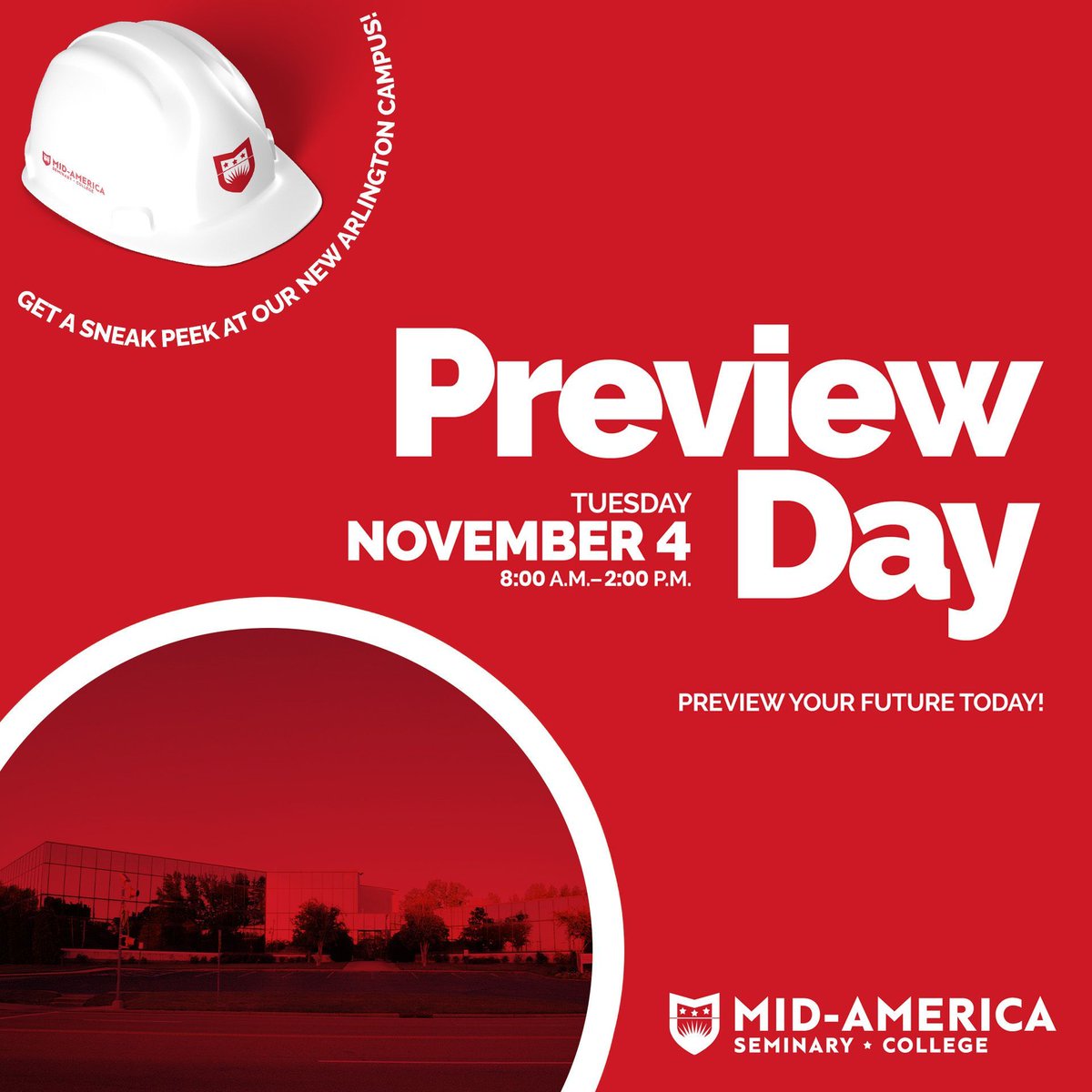 Light your future at Mid-America's Fall Preview Day, Tuesday, November 4, 8:00 a.m.–2:00 p.m. Preview Day is an excellent way to learn more about the Mid-America experience, including a sneak peek at Mid-America's NEW Arlington campus! Register now at visit.mabts.edu