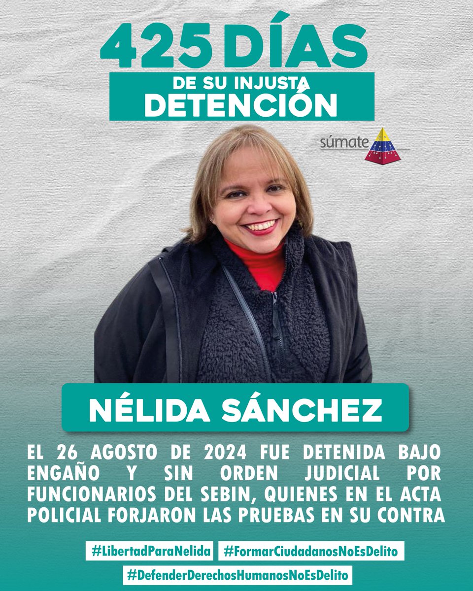 Nuestra Coordinadora Nacional de Formación Ciudadana Electoral y defensora de los derechos humanos, Nélida Sánchez, cumple hoy #24Octubre 425 días en prisión, siendo inocente.

El #26Agosto2024 fue detenida bajo engaño y sin orden judicial por funcionarios del Servicio