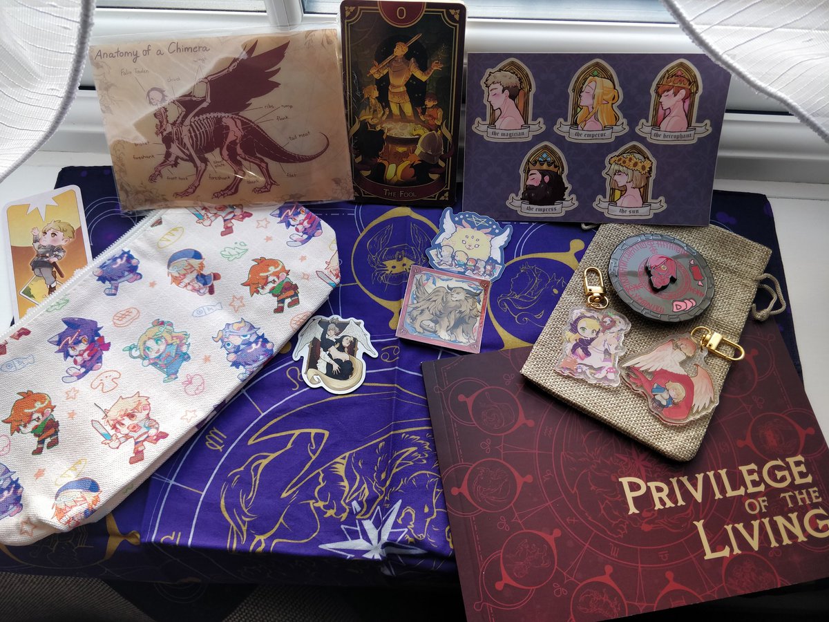 Got my <a href="/DunmeshiTarot/">Privilege of the Living</a> full bundle today and everything is absolutely stunning!

I fell for the altar cloth at Preorders but all the merch is fantastic and the formatting is so gorgeous 😍 thank you so much!