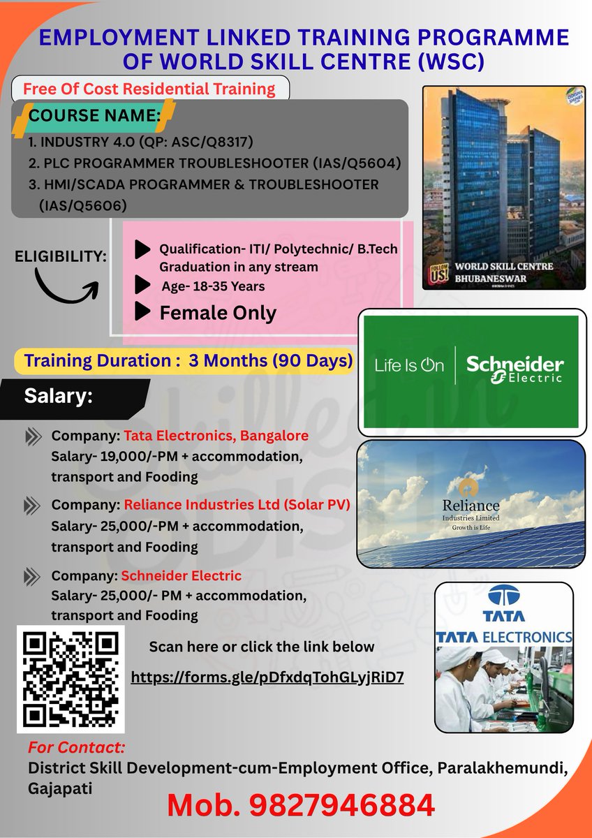 DistrictEmpGjp's tweet photo. Don't miss this opportunity of getting skilled and employed !!!! Free of cost residential program by Govt of Odisha. 
Limited seats only !!!! 
Contact - District Employment Office, Paralakhemundi, Mob- 9827946884 https://t.co/PdLjROmGzI