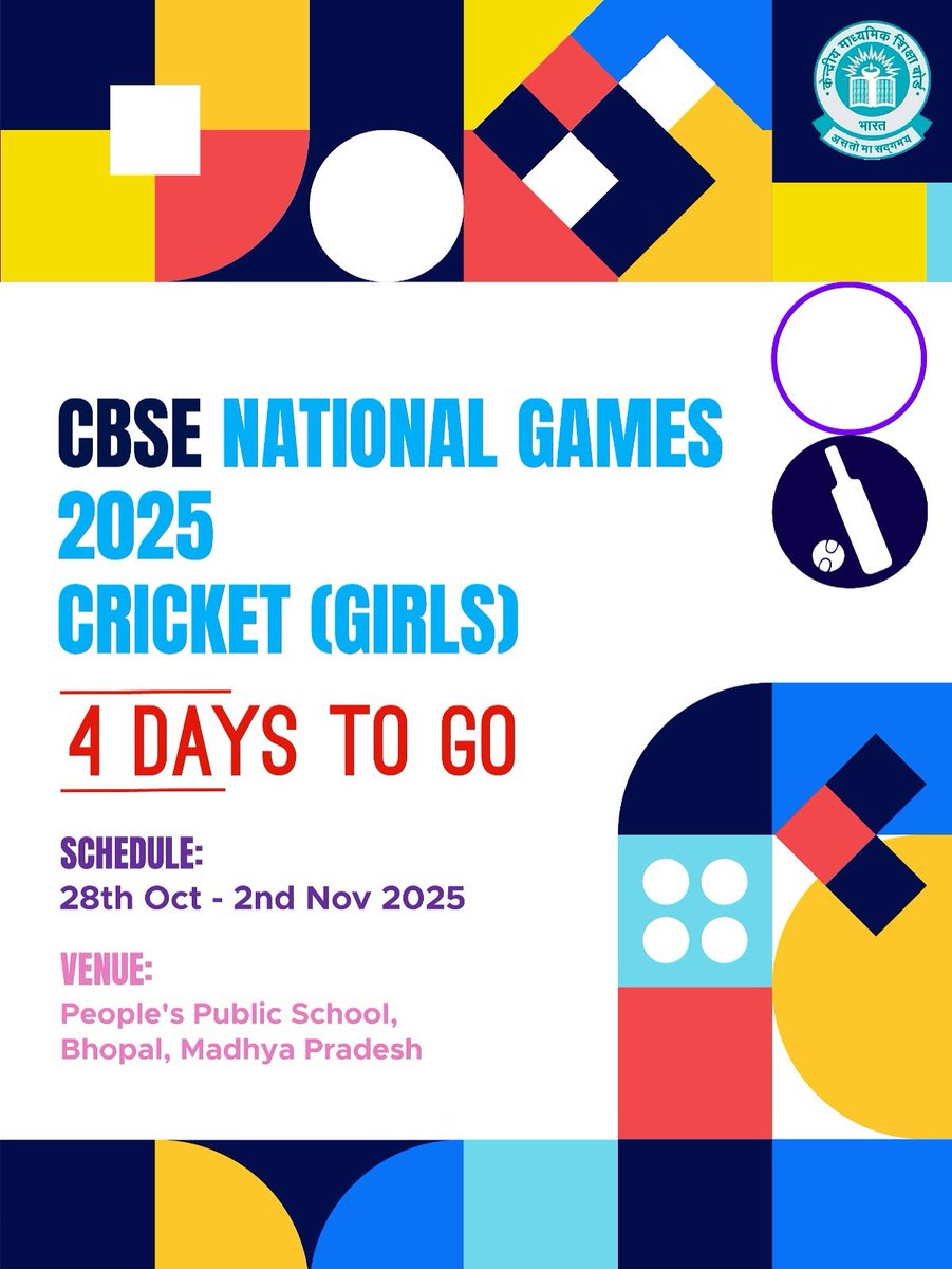 cbseindia29's tweet image. The wait is almost over!

Just 4 days to go for the CBSE Girls Cricket Nationals 2025 

Get ready to witness young talent, teamwork, and the true spirit of the game all coming alive at People’s Public School, Bhopal (Madhya Pradesh) from 28th October to 2nd November.