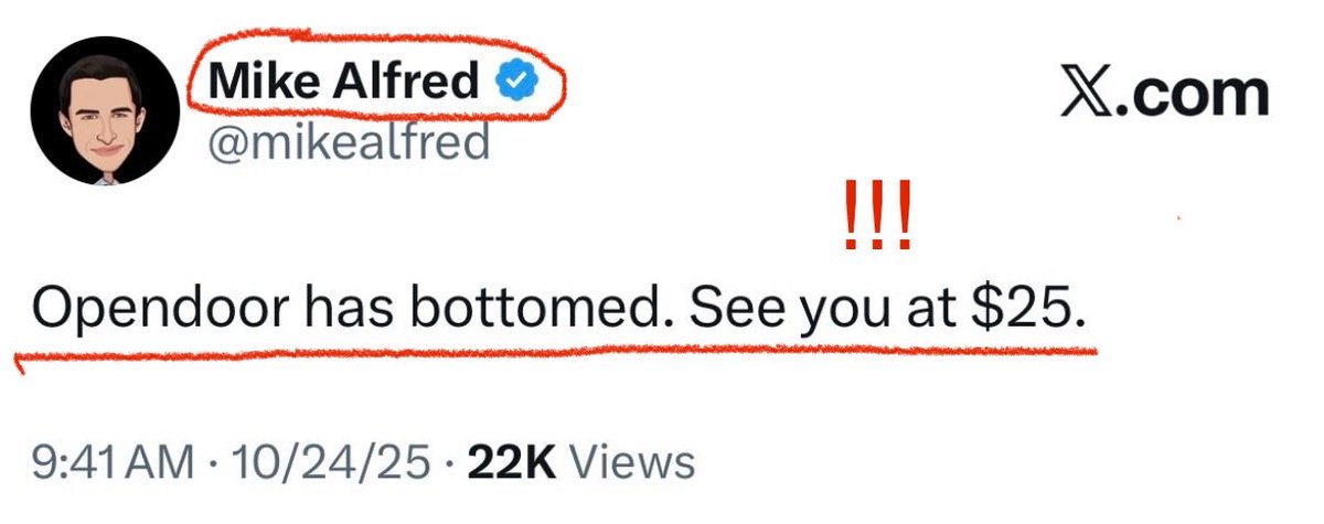 ALERT🚨: <a href="/mikealfred/">Mike Alfred</a> says $OPEN has bottomed — next stop $25!

Sounds like a buy signal… 👀