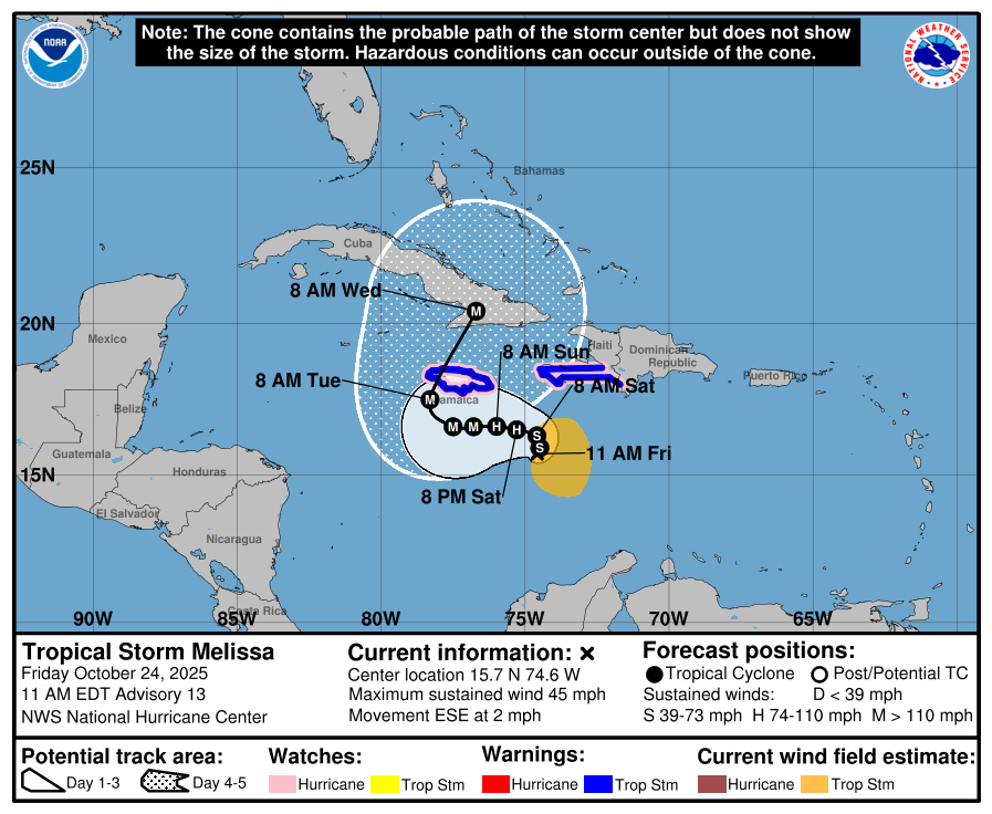 weatherjamaica's tweet image. The 10AM update from the U.S. National Hurricane Center shows that Tropical Storm Melissa is still moving towards the east-southeast at 2mph, then back north to eventually affect Jamaica when she should pass south of the island then make a hard right turn and make landfall here.