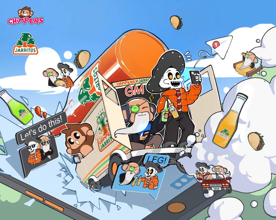 The Chimpers x <a href="/Jarritos/">Jarritos</a> Telegram sticker pack has arrived! 

It’s about to get tasty. 

Holders on the whitelist will now have 1 hour of early access to claim their free pack before the public sale opens. 

Don’t miss it!