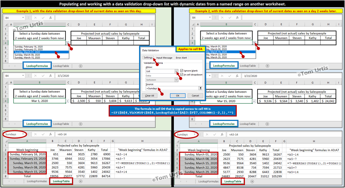 TomUrtis's tweet image. Populating and working with a data validation drop-down list with dynamic dates from a named range on another worksheet.