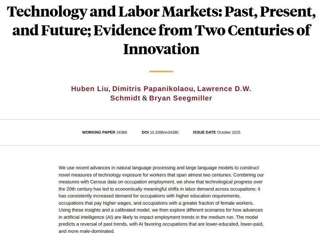 Technological progress over the 20th century has consistently increased demand for occupations with higher education requirements, occupations that pay higher wages, and occupations with a greater fraction of female workers, from Huben Liu, <a href="/DimitrisPapan20/">Dimitris Papanikolaou</a>, <a href="/L_Schmidt_Econ/">Lawrence Schmidt</a>, and