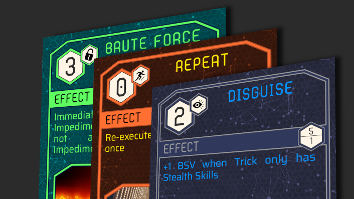 Unveiling Skill Cards for SUBNET: Contracts

Players execute skills in tricks of up to 4, to overcome impediments that get between them and their goals.

64 unique skill cards with 15,503,104 possible play combinations.

#subnet2258 #boardgame #boardgames #cyberpunk #tabletop