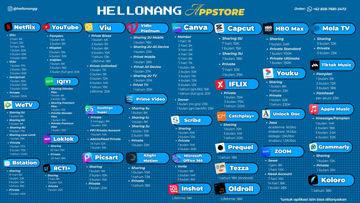 howtobedandang's tweet image. Update pricelist guysss. Ready canva, spotify, capcut, dll. Selengkapnya bisa liat padlet pricelistnya🙌

padlet.com/hellonangappst…