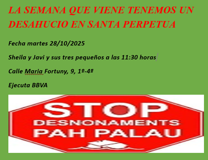 Si no lo impedimos antes, porque la inJUSTICIA se esta saltando todas las leyes del poder ejecutivo. os esperamos <a href="/PAHCRipollet_Ce/">PAHC Ripollet-Cerdanyola</a> <a href="/PahCerdanyola1/">Pah Cerdanyola</a> <a href="/PAH_BCN/">PAH Barcelona</a> <a href="/PAHMolletBV/">PAH Mollet BV-Plataforma Afectades per l'Habitatge</a> @PAH_SABADELL <a href="/PAH_BDV/">PAH Barberà</a> <a href="/PahCaldes/">Pah Caldes d Montbui</a>  <a href="/PAHMontcada/">PAH Montcada Reixac</a> @PahRipollet