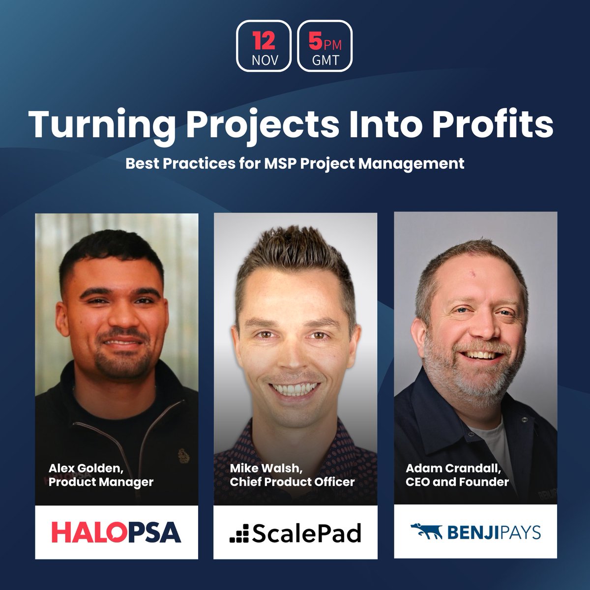 Projects shouldn’t be risky business. 🙅🏻 Join Mike Walsh, Alex Golden &amp; Adam Crandall on Nov 12 for a live session on turning MSP projects into profits. Register now: go.scalepad.com/43Cq2zV