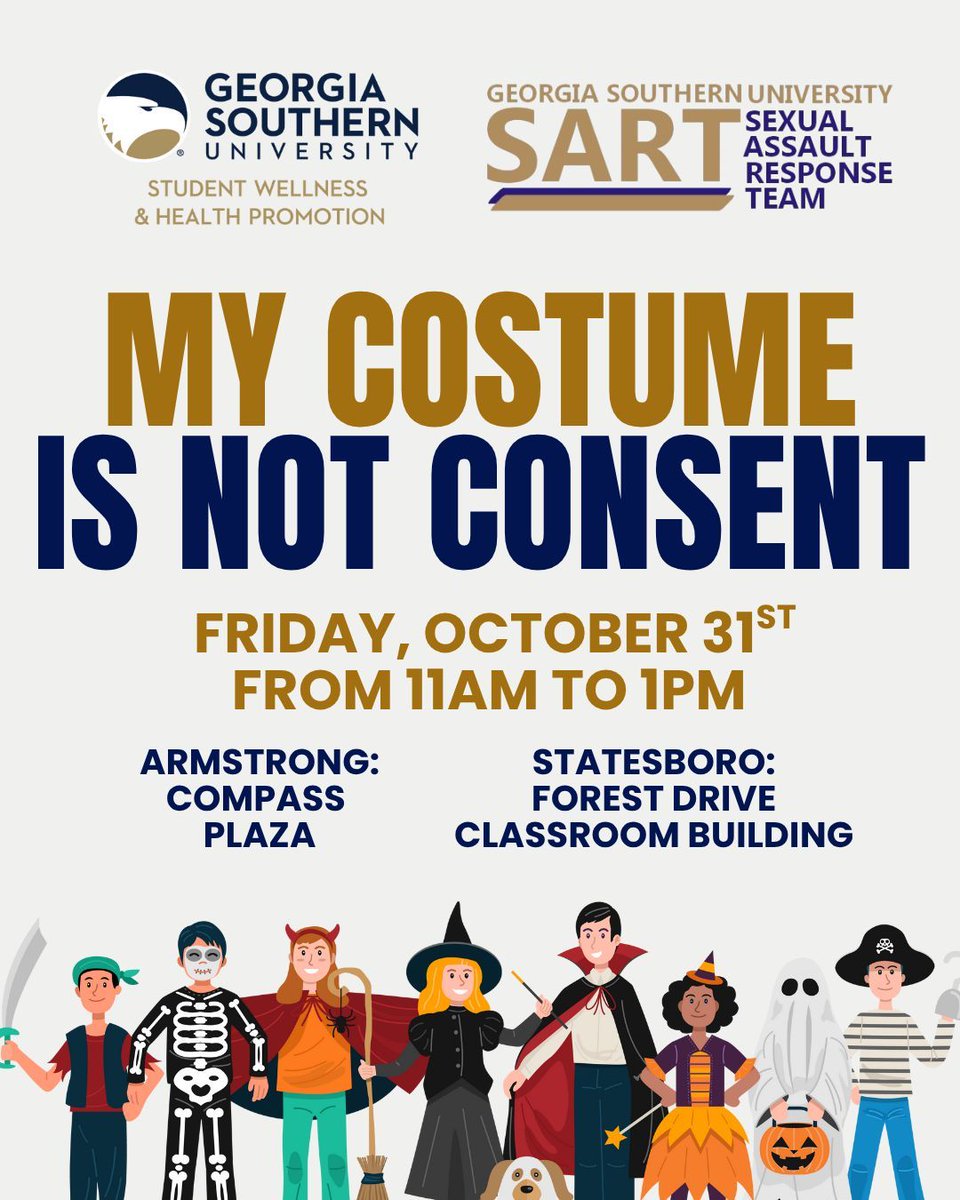 GSswhp's tweet image. Join us this Halloween on Statesboro and Armstrong campuses to spread awareness, combat victim-blaming, and advocate for a culture of respect! There will be giveaways and candy! 

#EagleWellness #SupportSurvivorsGSU #EaglesDoRight