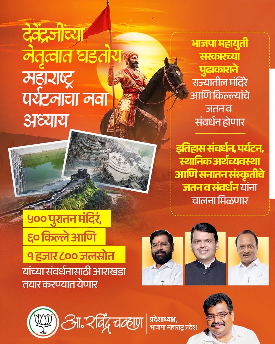 RaviDadaChavan's tweet photo. महाराष्ट्रातील पर्यटन क्षेत्राचा कायापालट घडवण्यास भाजपा-महायुती सज्ज  

आपला महाराष्ट्र हा संस्कृती आणि गौरवशाली इतिहासाने समृद्ध आहे. याच वैभवशाली वारसा, इतिहास आणि संस्कृतीचे जतन व संवर्धन करण्यासाठी आपलं भाजपा महायुती सरकार सदैव कटिबद्ध आहे. 

याच अनुषंगाने महाराष्ट्रातील प्राचीन मंदिरं, ऐतिहासिक गडकिल्ले आणि पारंपरिक जलस्रोत यांचे जतन, संवर्धन आणि पुनरुज्जीवन करण्यासाठी स्वतंत्र बृहद आराखडा तयार करण्यात येत आहे. 

भाजपा महायुती सरकारच्या या निर्णयामुळे राज्यातील इतिहास संवर्धन, पर्यटन, स्थानिक अर्थव्यवस्था आणि सनातन संस्कृतीचे जतन व संवर्धन या क्षेत्रांना मोठ्या प्रमाणात चालना मिळेल. तसेच युवा पिढीसाठी मोठ्या प्रमाणात रोजगार संधी निर्माण होतील. 

#MaharashtraHeritage #PreservingHistory #CulturalPride #HistoricForts #AncientTemples #DevendraFadnavis #BJPMahayuti  #GloriousMaharashtra #TourismBoost #CulturalLegacy #ProudOfMaharashtra  #MaharashtraTourism #BJP4Maharashtra #RavindraChavan4MahaBJP #AplaRavi