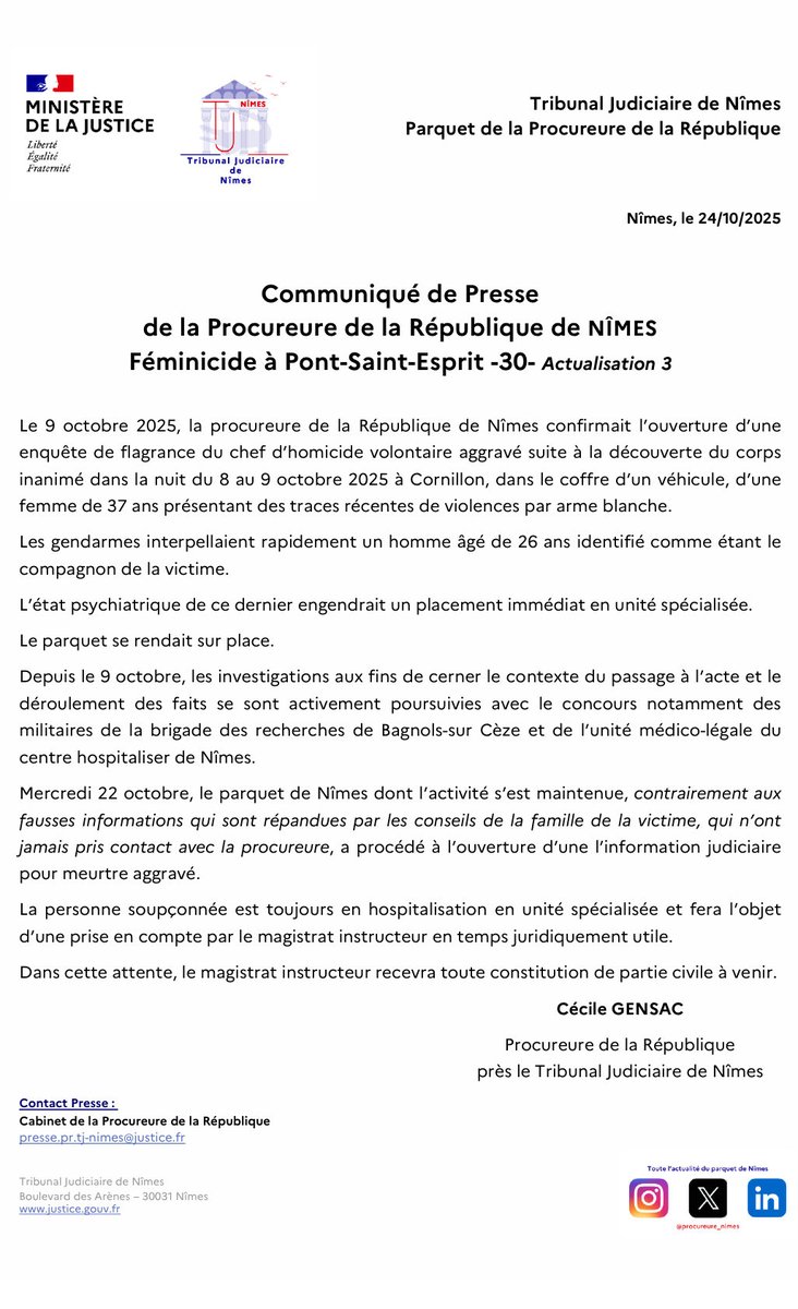 📣Communiqué de presse n2 du 24/10/2025 

Suite de l’enquête pour meurtre - cadavre découvert à Cornillon dans un coffre .
⬇️