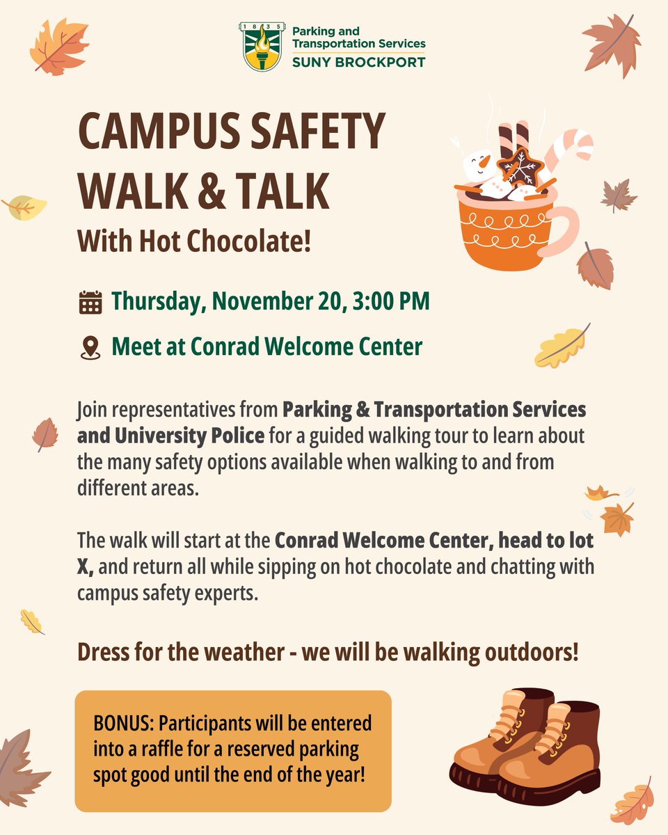 Join Parking &amp; Transportation Services and University Police for our 𝗖𝗮𝗺𝗽𝘂𝘀 𝗦𝗮𝗳𝗲𝘁𝘆 𝗪𝗮𝗹𝗸 &amp; 𝗧𝗮𝗹𝗸 — 𝘄𝗶𝘁𝗵 𝗛𝗼𝘁 𝗖𝗵𝗼𝗰𝗼𝗹𝗮𝘁𝗲!

📅 Thursday, November 20 | 🕒 3 PM | 📍 Conrad Welcome Center
🎁Enter to win a reserved parking spot through our raffle!