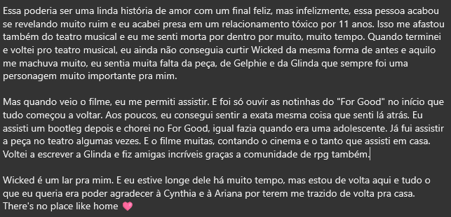 growllinda's tweet photo. “Por que eu mereço estar na Première de Wicked?”
Porque faz parte da minha cura de um relacionamento tóxico 🩷
#EuNaPremiereDeWicked @wickedmusicalbr @UniversalPicsBr https://t.co/h7Zl8vMe6R