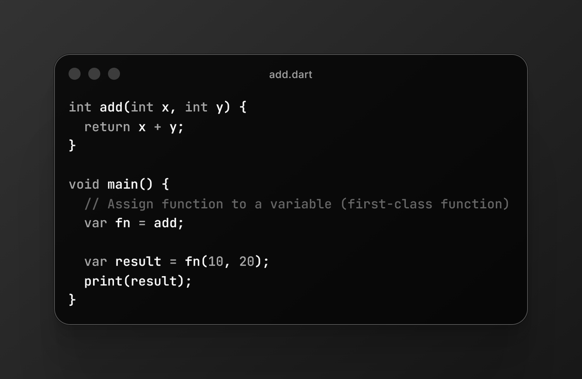 architxkumar's tweet image. Just learnt about first-class citizens in Dart.
Functions are first-class citizens because they can:
✨ Created at runtime
📦 Stored in variables
➡️ Passed as arguments
🔄 Returned from functions
📚 Put in collections
#DartLang #Programming #Coding