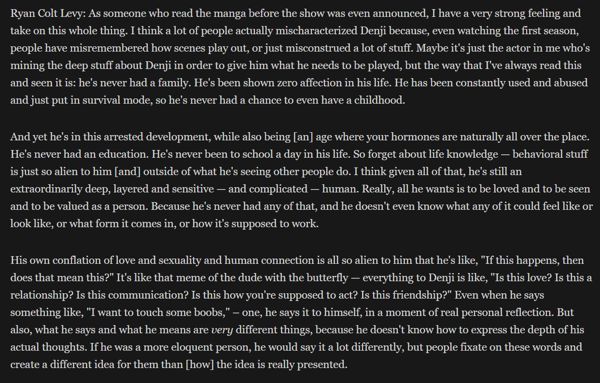 <a href="/ryancoltlevy/">Ryan Colt Levy ⛓️✌🏽</a> Insanely well said, its so perfect😭🙏Love how much you love and understand Denji. Thank you for all your work 🎆💓