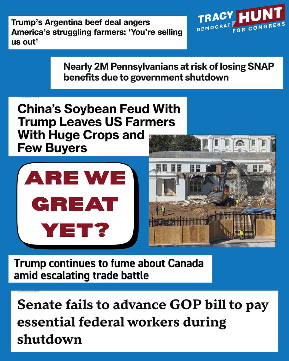 TracyHuntPA's tweet photo. Is this what the American people wanted when they went to the polls in November 2024? American suffering is on the rise, and no one in power seems to care—as long as the wannabe King gets his ballroom, right? https://t.co/1mt72XEU7F