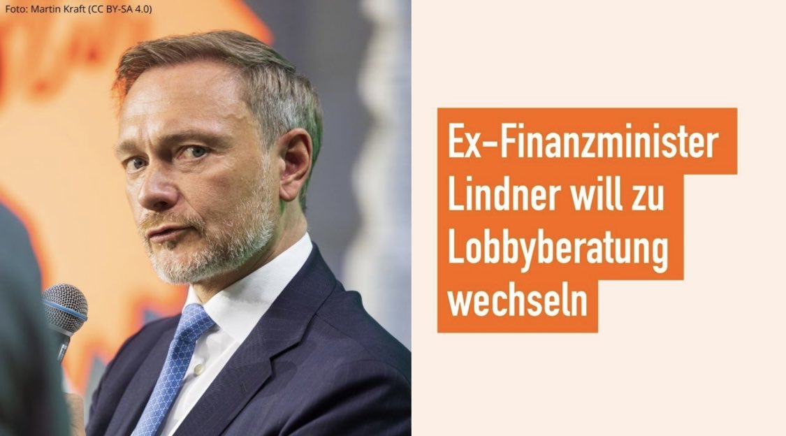 isabelMon09's tweet image. 1/
Ex-Bundesfinanzminister Christian #Lindner (#FDP) fängt bei einer Beratungsfirma an, die unter anderem für Banken Lobbyarbeit betreibt. Auch wenn er nicht direkt an der Lobbyarbeit beteiligt sein sollte, ist das ein handfester Interessenkonflikt.

#LobbyControl