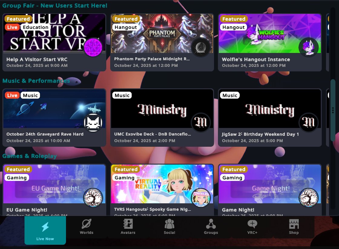 Visit the Group Fair this weekend on Open Beta! 

Check out the new "Live Now" tab to explore featured events from highlighted community Groups and see where your friends are: