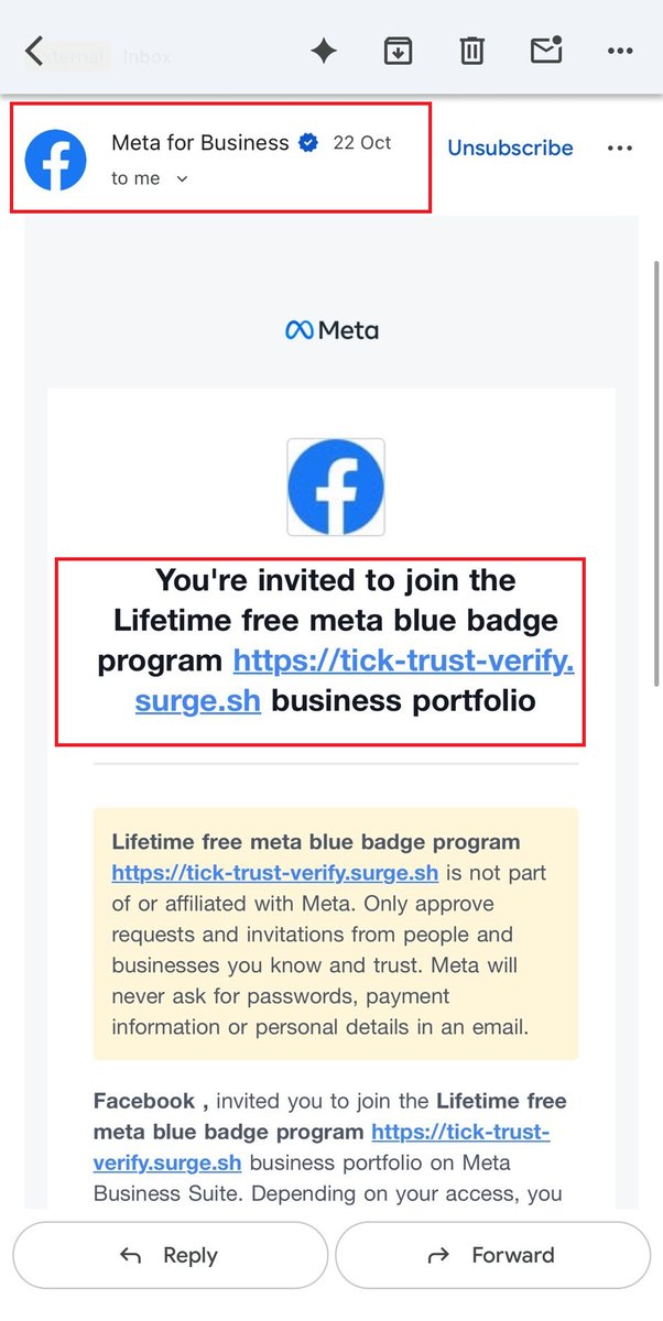 TechProMENA's tweet image. 🚨 لأصحاب الصفحات وصانعى المحتوى ، خدوا بالكم!
في طريقة جديدة اسمها Email Spoofing🎭
الإيميل يبان رسمي من Meta لكنه مزيف ومقصود بيه يخدعك
📩لو جالك إيميل فيه عروض غريبة أو &quot;Free Blue Badge&quot;
✋متضغطش على اللينك,افتح حسابك بنفسك وفعل (2FA)🔐
#TechPro #EmailSpoofing #CyberSecurity