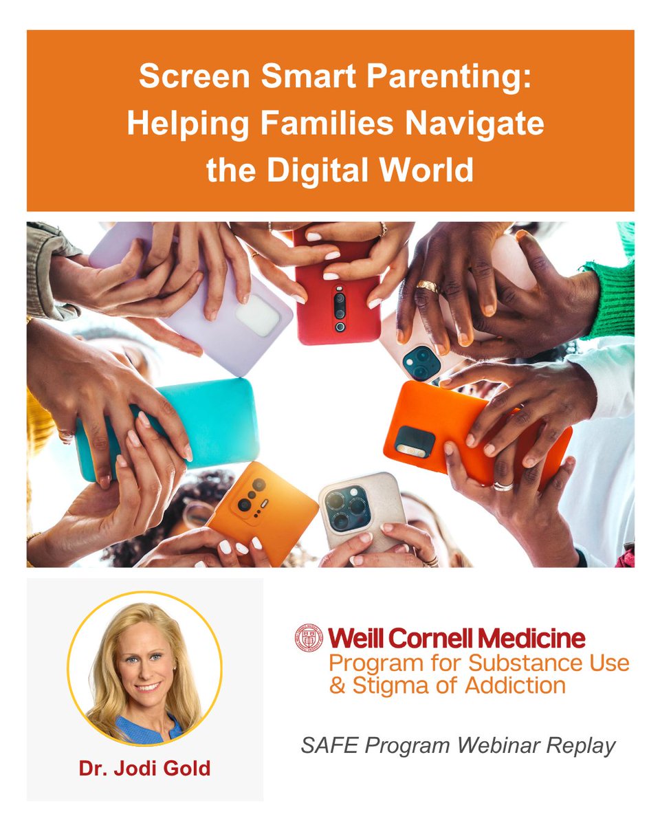 A huge thanks to <a href="/DrJodiGold/">Dr. Jodi Gold</a> for being the guest speaker at <a href="/WeillCornell/">Weill Cornell Medicine</a>’s latest SAFE Program webinar and sharing such insightful tips on screen smart parenting. If you couldn’t join live or want a replay of what was covered, watch the recording here: bit.ly/3Jki7QZ
